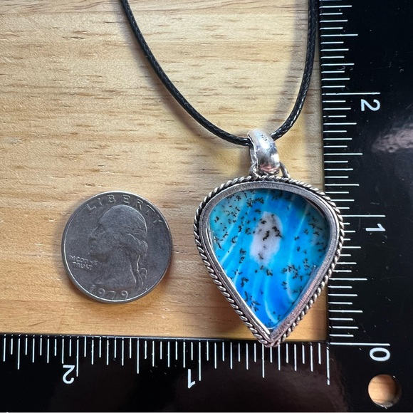 New Blue Dendritic Dendrite Opal Stone Sterling Silver Overlay Pendant Necklace - Picture 4 of 5